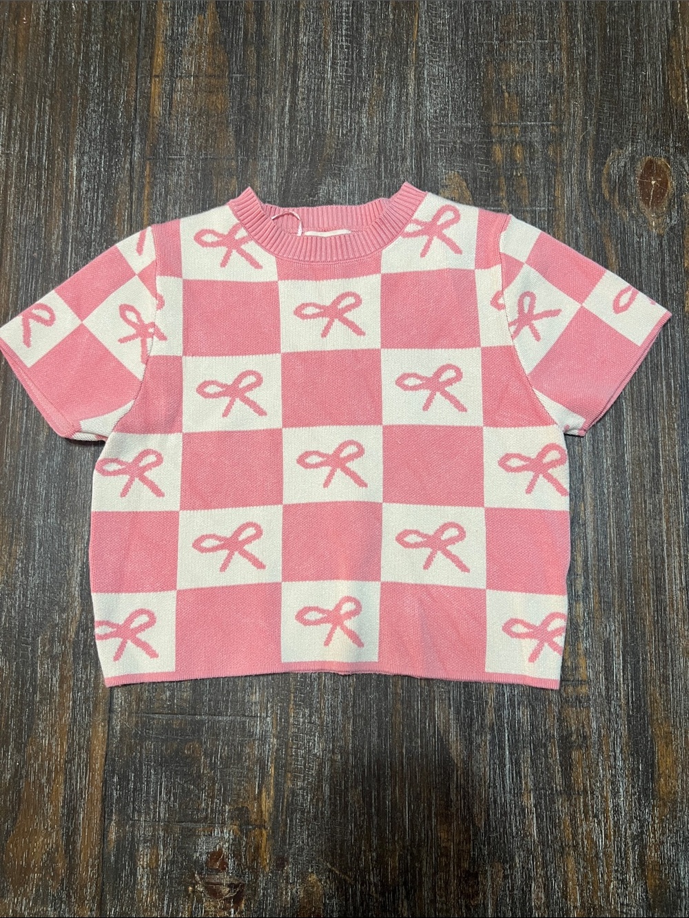 debut Pink and Cream Checker Bow Knit Crop Top